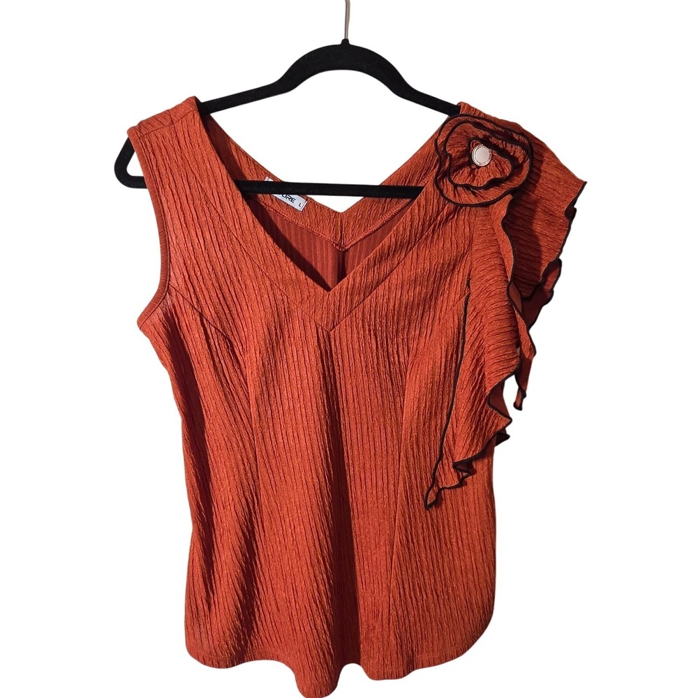 Burnt Orange Sleeveless crinkle Boho V-neck asymmetrical Ruffled Flower top sz L